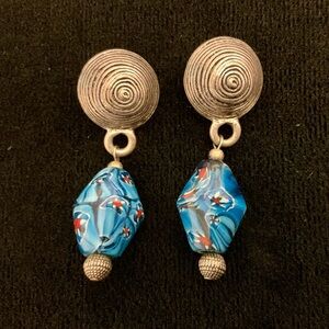 C. Stein Blue Art Glass Dangle Earrings Silver Swirl & Italian Art Glass